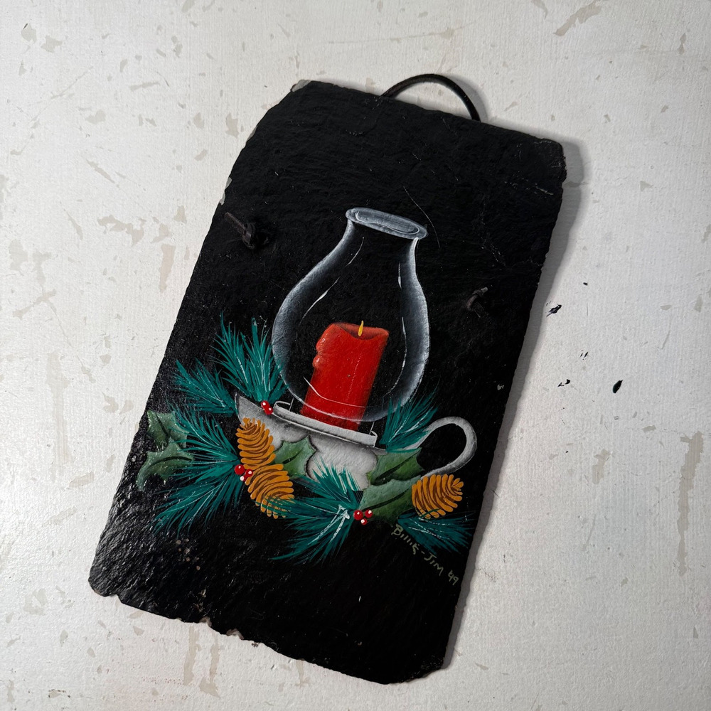 VTG Folk Art Hand Painted Christmas Candle Cottagecore Shingle Roof Tile SIGNED